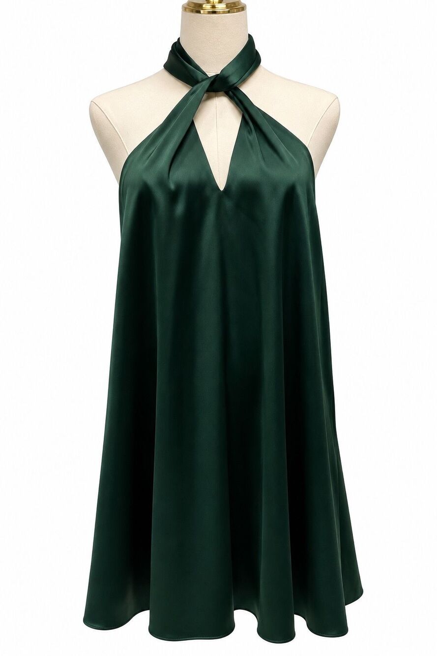 Gianni Bini Emerald Green Satin Halter Dress XL Open Back Bow NWT